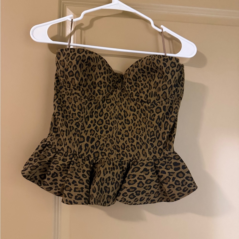 Leopard Print Strapless Peplum Blouse